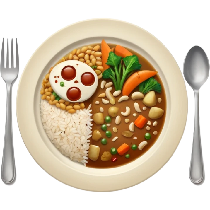  dirty plate after eating, leftover food scraps, vegetable pieces, rice grains, sauce stains on the plate, fork and spoon placed beside the plate, no face, no character, no human features, realistic food leftovers, clean and simple background, soft lighting, high quality, emoji style emoji