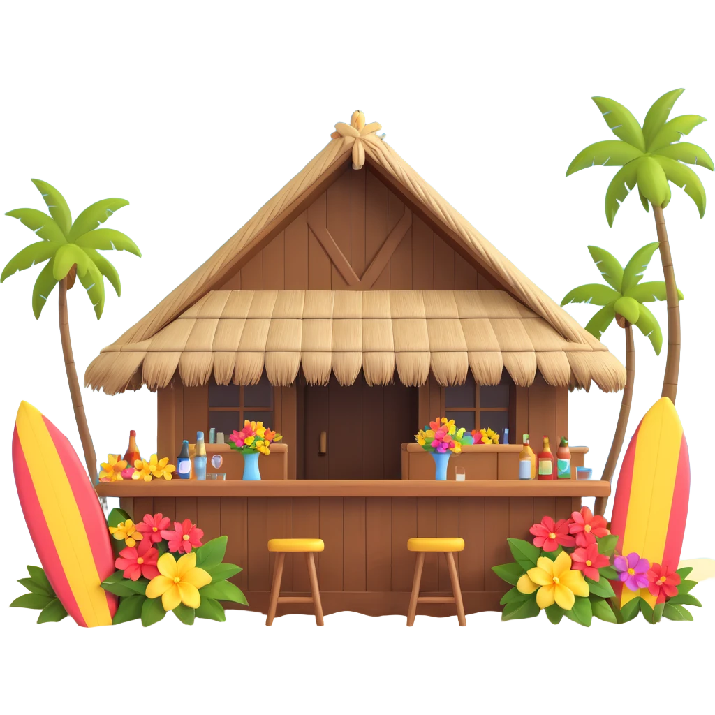 emoji of a beachside bar in Hawaii, surfboards, flowers, thatched roof emoji