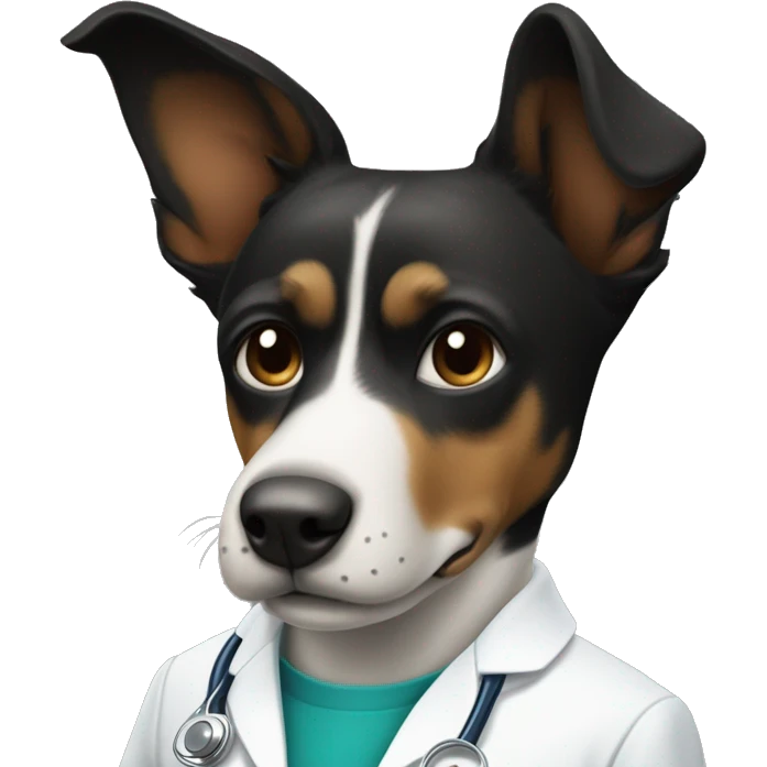 perro de paleje negro y mancha blanca con bata de doctor emoji