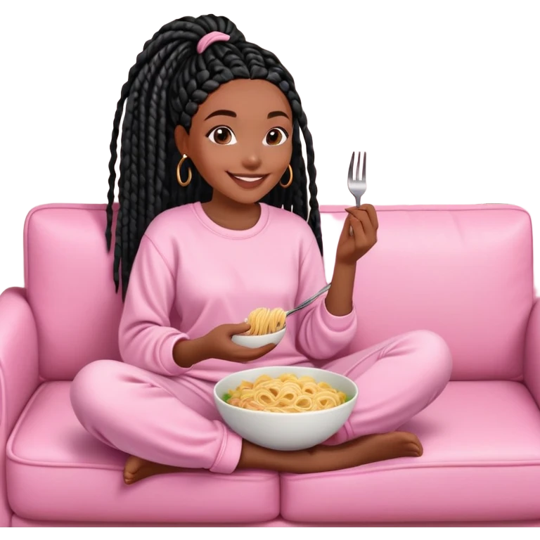 A dark-brown-skinned Black woman with black box braids, sitting on a pink couch, holding a bowl of pasta with a fork, smiling or enjoying the meal. She’s wearing casual, comfy loungewear, relaxed in a cozy setting. emoji