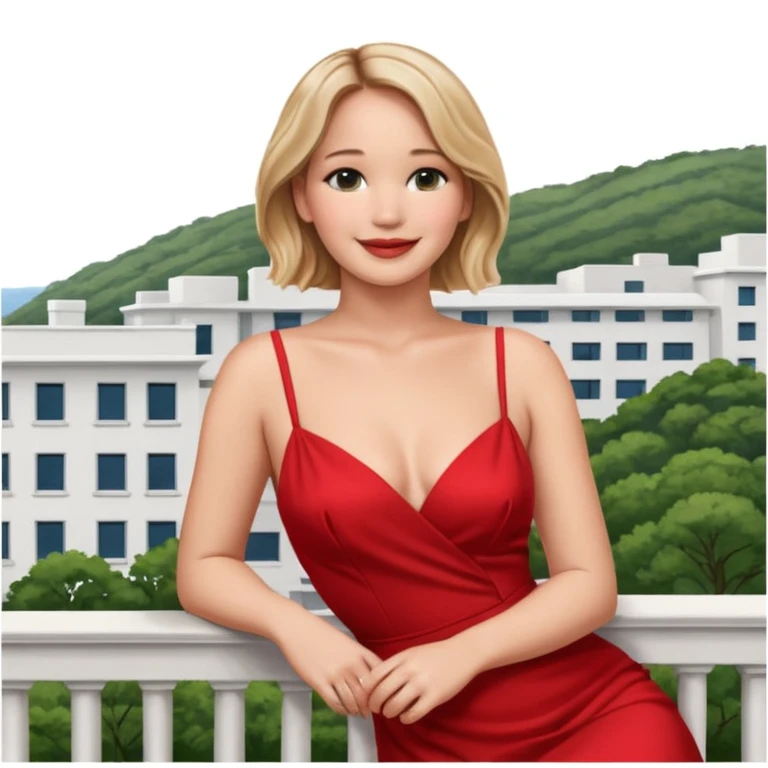 jennifer lawrence, red dress leaning on a balcony with a harbor and cityscape in the background, smiling, closeup emoji