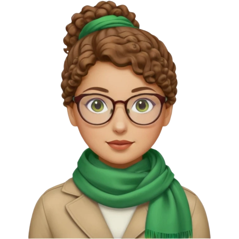 iranian woman, tight curly light brown hair in one high pony tail, glasses, green eyes, pretty, oval shape face, no hajib, scarf on neck emoji