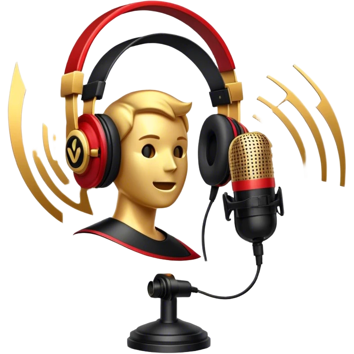 Create a dynamic and cinematic emoji that represents voice-over and dubbing in films. The design should feature a microphone, sound waves, and a film reel or movie clapperboard, symbolizing the connection between voice acting and film production. Add elements like headphones or a voice actor's silhouette to emphasize the human element of dubbing. Use vibrant, cinematic colors like gold, black, and red to create a sense of drama and creativity. The background should be transparent. emoji