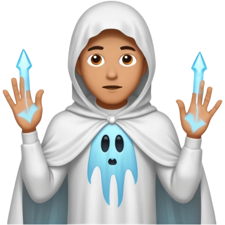 Make a guy in a ghost outfit with a point top emoji