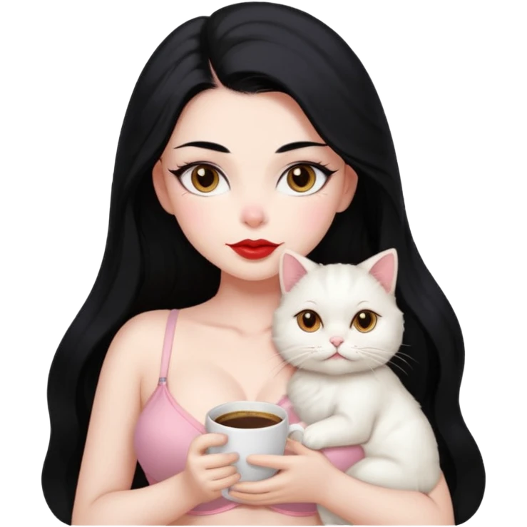 Beautiful Girl Long Hair black, Brows Big , Skin White, bra Pale Pink , Big Red Lips, EyesCoffe , Big hug Little baby Persa Cream Cat With Cute Eyes emoji