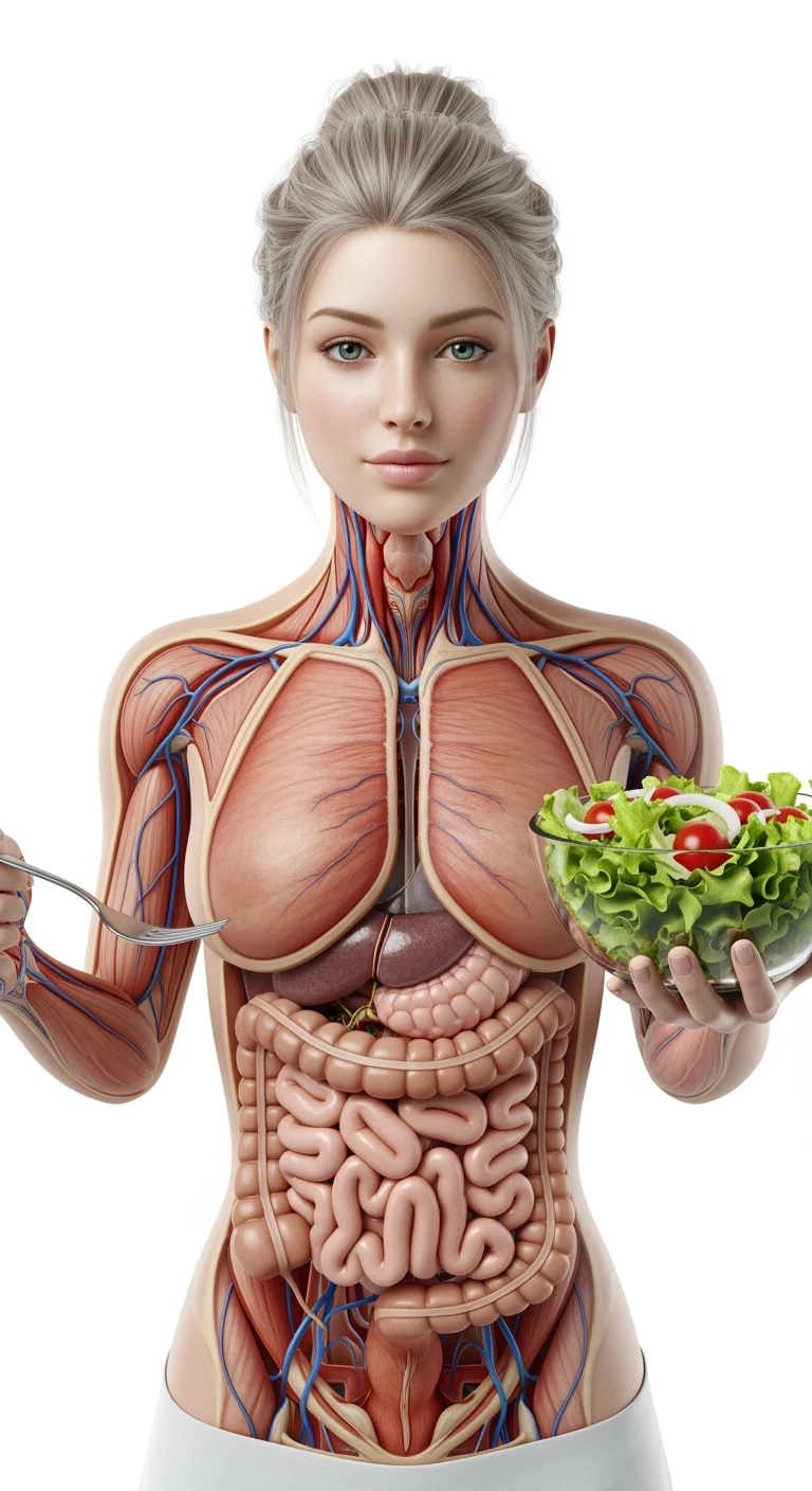 DONNA CON INTESTINO ANATOMICO IN EVIDENZA E BOWL DI INSALATA IN MANO, iperrealistico 4k, ISOLATA SU SFONDO BIANCO emoji