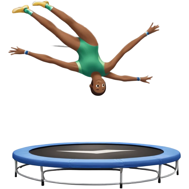 An athletic person soaring high above a trampoline, executing an acrobatic flip with perfect form. The scene captures motion and energy, with a dynamic pose, stretched limbs, and a focused expression. The background suggests a professional trampoline arena with safety padding. emoji