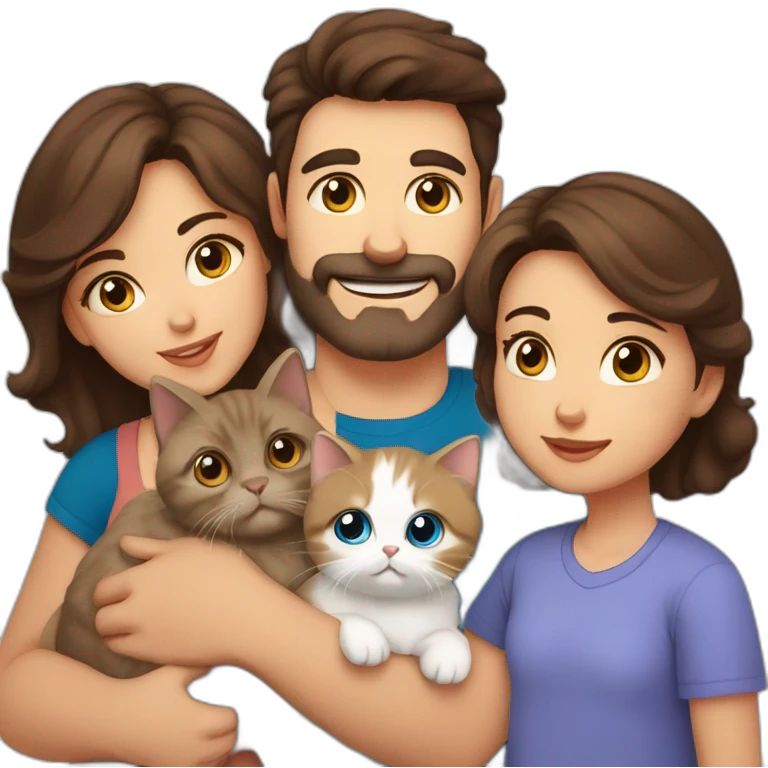 Family with dad with brown eyes and short dark hair, mother with blue eyes and wavy brown hair, young baby, one Persian cat emoji