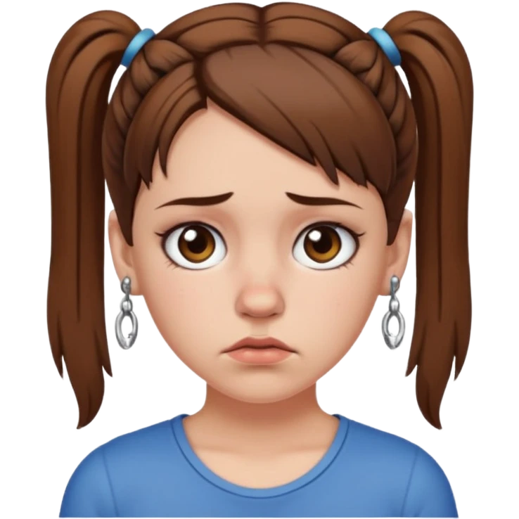 a white girl with brown hair in short pigtails with piercings frowning emoji