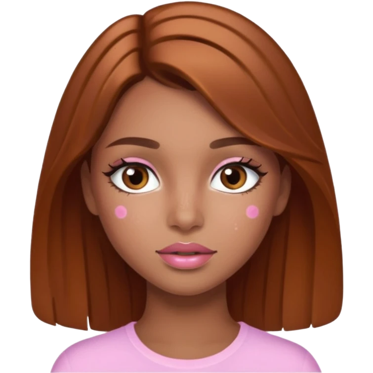 Pretty girl with caramel skin brown hair brown eyes and freckles. Wearing light pink lipgloss and mascara  emoji