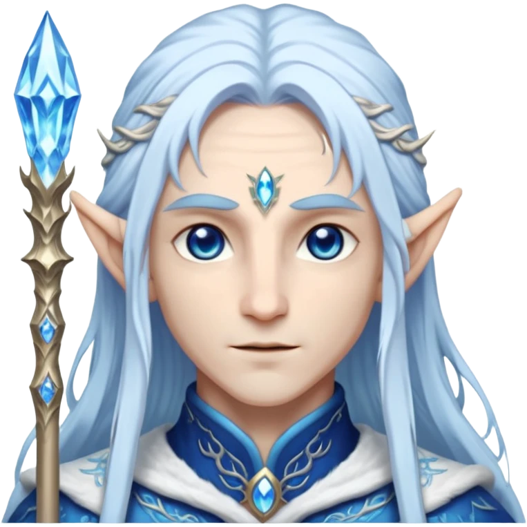Legendary fantasy Christmas elf portrait icon, Santa Claus and Snow Maiden inspired, ancient winter spirit style, long flowing white-blue hair, glowing frost eyes, crystal staff, elegant elven features, divine winter magic aura, icy silver color palette, highly detailed but clean emoji icon male emoji