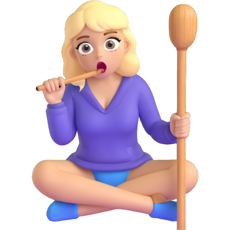 blond woman sitting on her knees with wide eyes, she's holding a wide stick with a D-shaped knob, the stick is made of skin, water squirting from the knob into her mouth, shocked face emoji