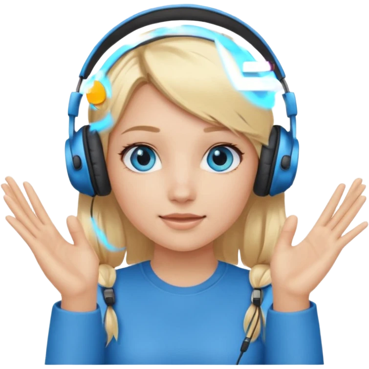 girl with blonde hair and blue eys, having on ears heaphones, with heands telling what  emoji