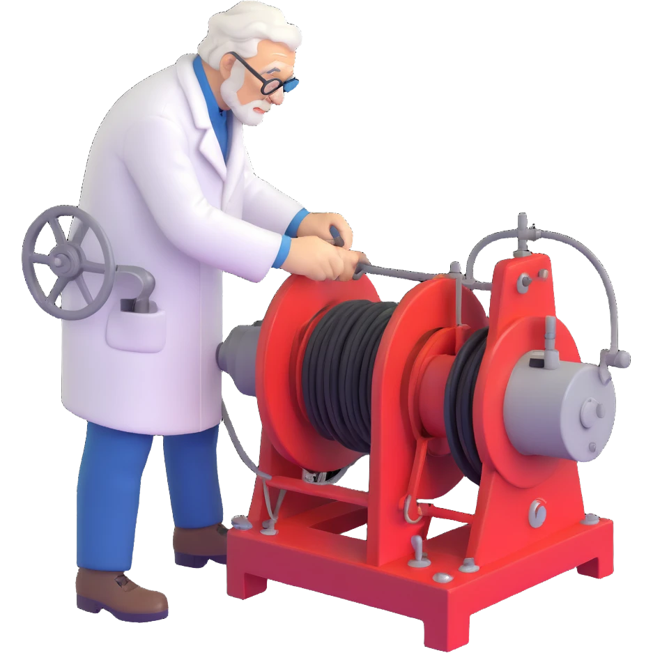 Elderly Russian scientist operating winch equipment on vintage marine geology research ship emoji