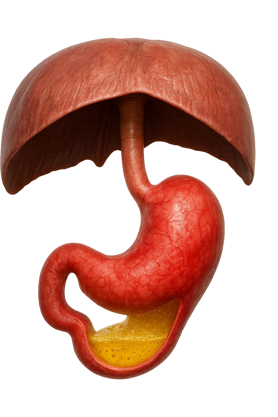 stomaco umano anatomico infiammato con acido giallo all'interno fluttua in aria insieme ad un diaframma umano, iperrealistico 4k, isolato su sfondo bianco emoji