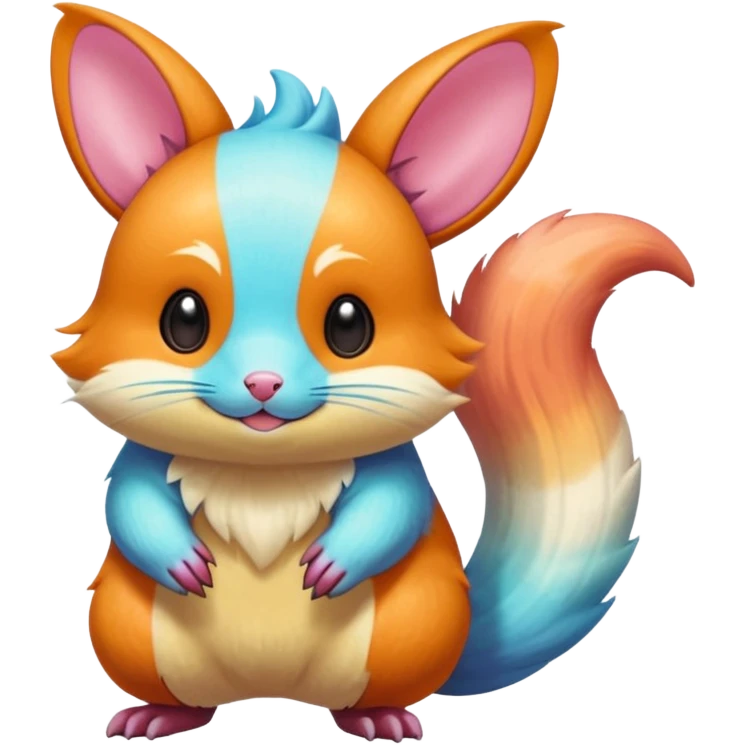  Shiny iridescent light warmly colored reddish-orange-gold-gradients neon vibrant bioluminescent colorful pastel flourishing flurry fuzzy Minccino-Furret-Zangoose-Chinchilla-Stitch-fusion-animal-Fakémon-hybrid-creature  emoji