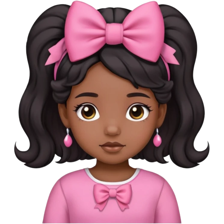 Dusky skin girl medium baby hair black with a bow on her hair and cute clothes in pink emoji