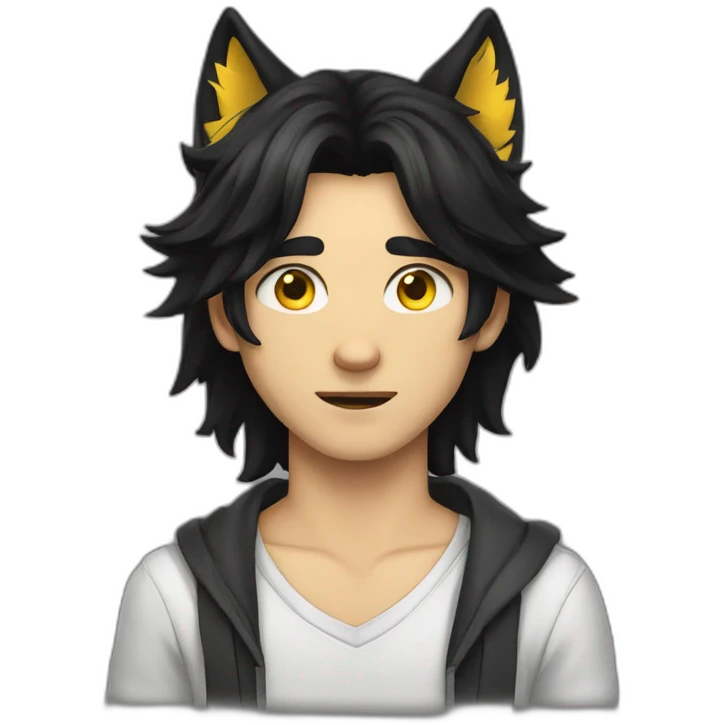Young man long black hair wolf ears yellow eyes emoji