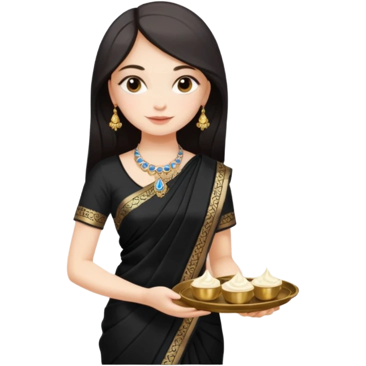 Russian girl in Indian black saree with full image from head to leg and holding a cream colour small tray in her both hands emoji