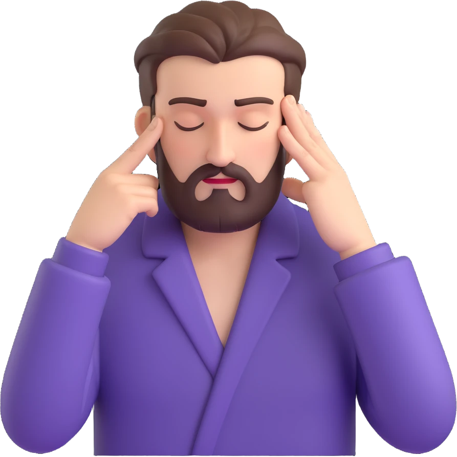 bearded man looking agitated, massaging his temples with index fingers, eyes closed emoji