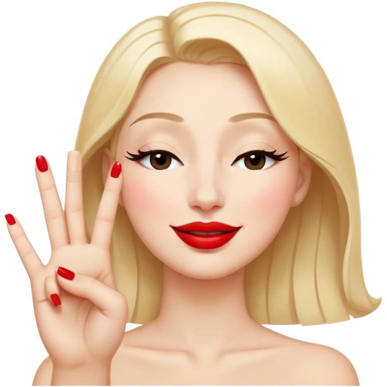 A smiling face with closed eyes forming upward curved lines, visible eyelashes, pursed lips with red lipstick, and a hand showing only the thumb out with all other fingers closed against the palm, painted nails emoji