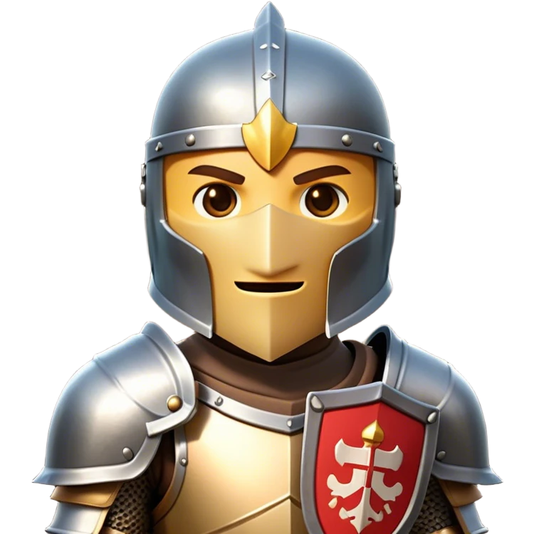 Clash of Clans style friendly Knight Portrait Emoji, With simple armored build featuring a gleaming suit adorned with simple heraldry and a covered fave behind a visored helm, his face rendered in a natural skin tone (not yellow), Simplified yet dynamic features, highly detailed, glowing with a cool, steely radiance, high shine, courageous and resolute, stylized with an air of chivalric valor, focused and stalwart, soft glowing outline, capturing the essence of a valiant knight ready to charge into epic quests with honor! emoji