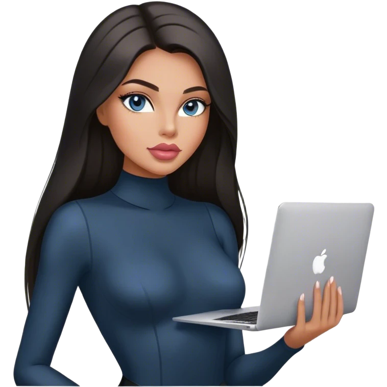 Glamours, tanned, very beautiful girl, with big pump peach-beige-rose lips, black straight smooth silky long hair, straight parting, blue-grey eyes, in bodysuit holding MacBook emoji