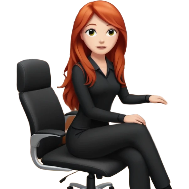 Video call therapy session: red-haired therapist with long hair wearing black minimalist clothing, seated in a professional home office, looking at the webcam; calm, modern teletherapy setting emoji