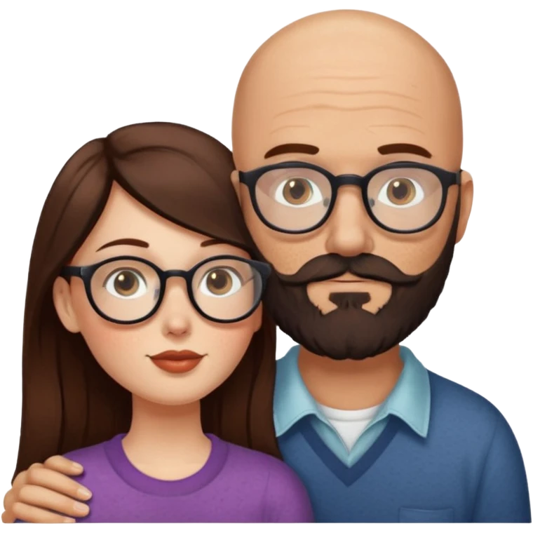 Couple. Bald man with dark brown-black beard. White woman with many small, faded freckles, she has white skin and she has auburn-brown-cinnamon, dark long hair. She has light brown eyes. The man have hazel eyes and the man wear glass. She have light eyes. Retro style. She kisses him. emoji