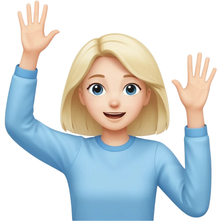 girl wearing pastel blue clothes with arms raised in excitement making a hurray celebration gesture emoji