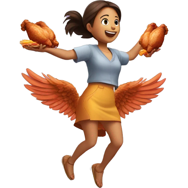 a girl flying with two delicious bbq chicken wings on her back emoji