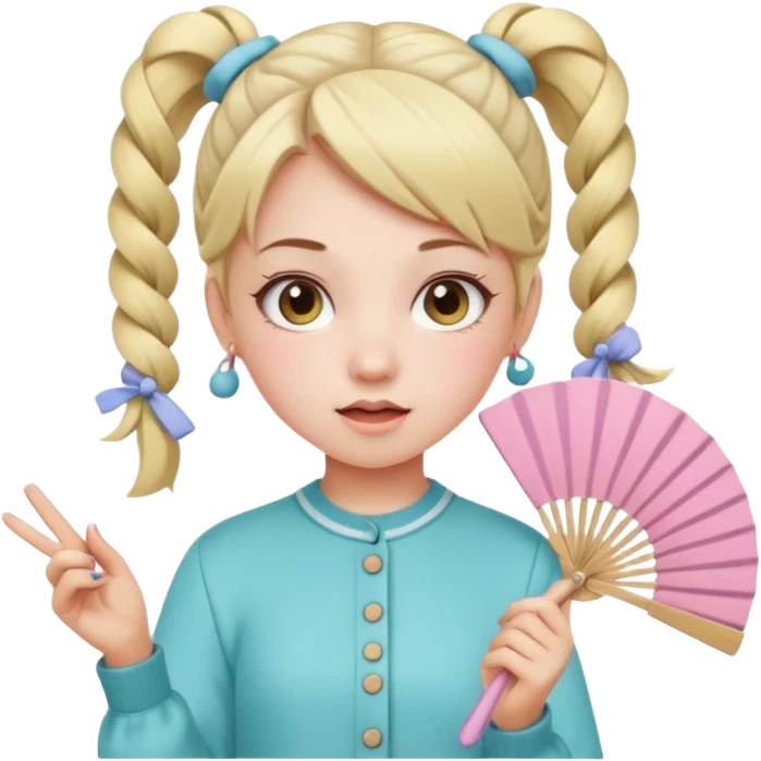 A pigtail girl in modern outfit using a pastel fan with playful expression. emoji