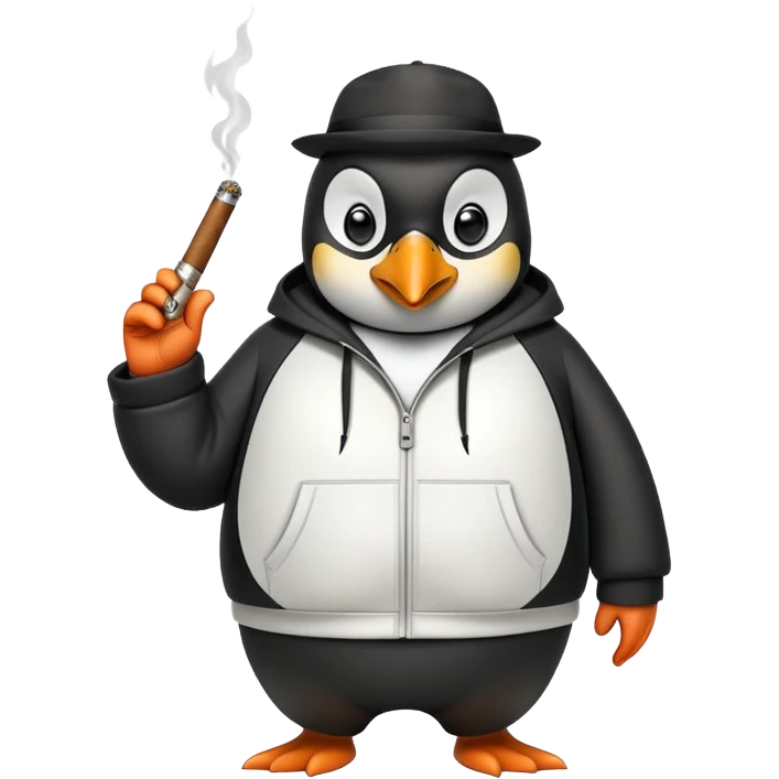 friendly anthropomorphised penguin wearing a mafia-style tracksuit, holding a cigar, secretive scheming pose, soprano vibe emoji
