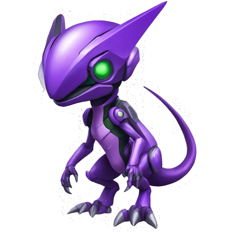 a chibi-style purple-green Genesect-Raptor-Fakémon—hybrid with a futuristic visor-helmet full body emoji