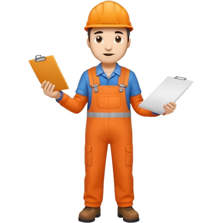 railway engineer full body in orange overalls, carrying a piece of paper with both hands in front of him emoji