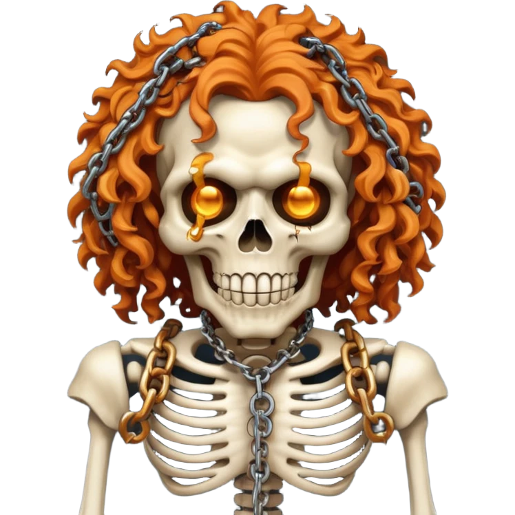 cinematic  steam-punk Megadeth iconic skeleton mascot with a rusty chain in his teeth, huge curly orange hair emoji