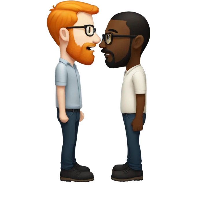 A bearded short hair ginger man with glasses giving a kiss to a slightly taller black man with short Beard emoji