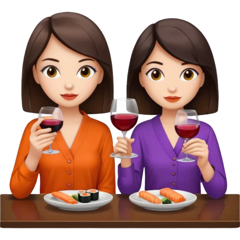 Two brunette girls eating sushi and drinking wine, first girl has a purple blouse and the second girl has an orange blouse emoji