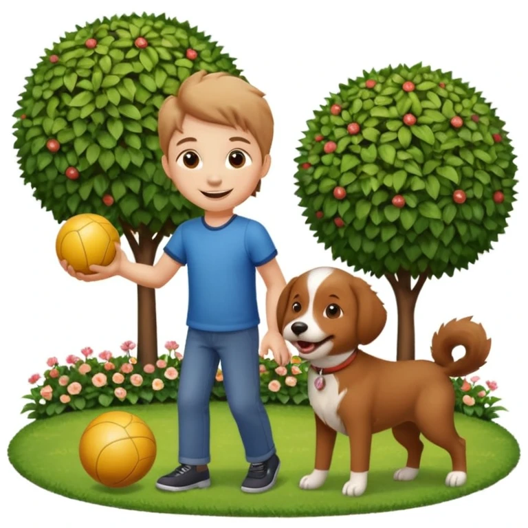kid and dog playing with ball, garden background emoji