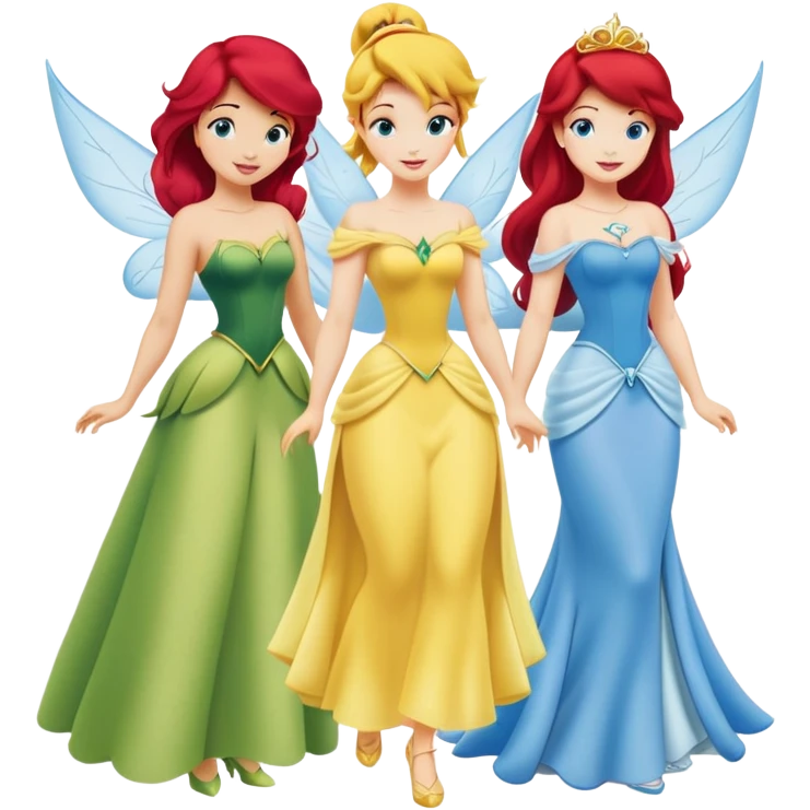 four minimal Disney princesses in one image: Belle with yellow dress, Tinkerbell with wings, Ariel with red hair and tail, Cinderella with blue dress emoji
