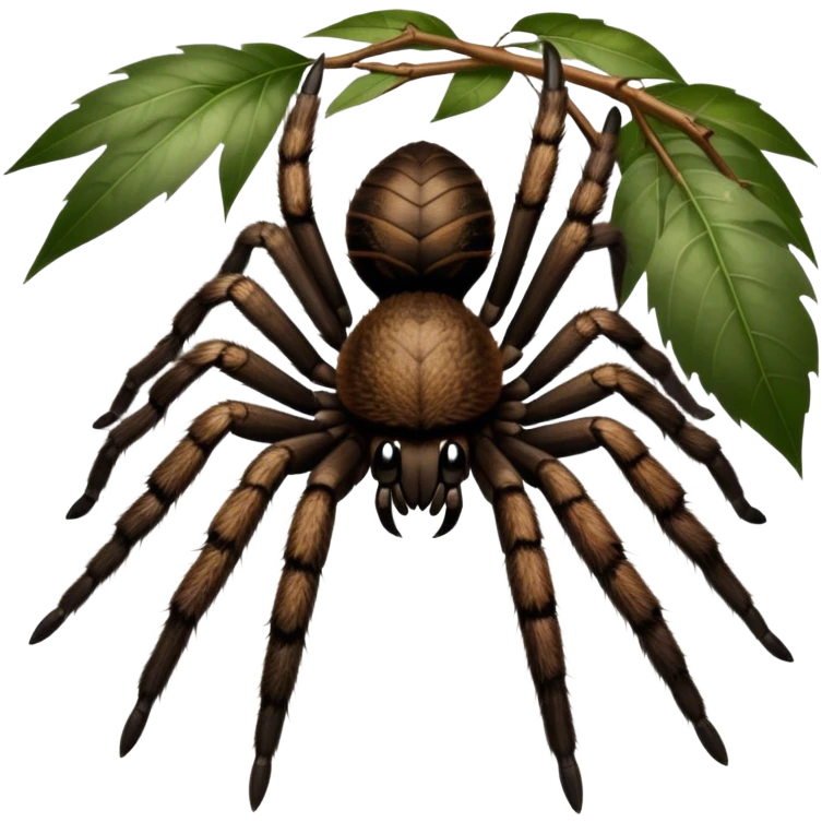 Giant hairy tarantulas (bird-eating spiders) in their natural habitat, surrounded by leaves and branches, with detailed textures of their legs and fur. Soft lighting highlights their features. Transparent background. emoji
