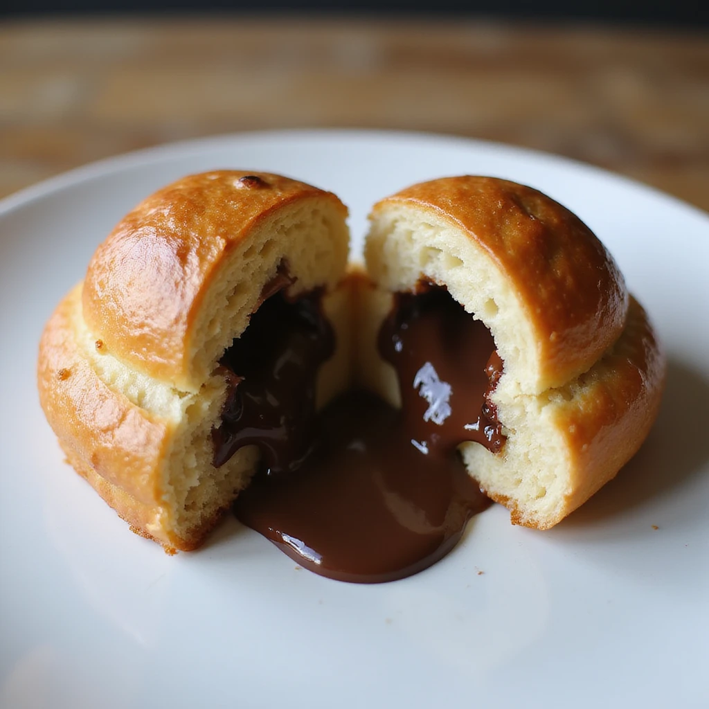 A Brioche Pasquier pitch pastry split in half, chocolate oozing out, with a focus on texture and deliciousness, in a photorealistic style emoji