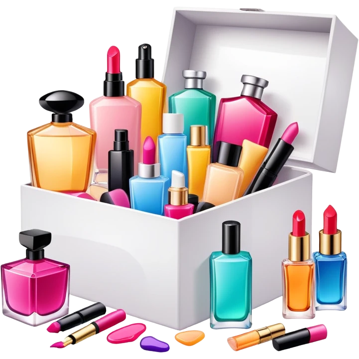 an opened box with colorful makeup, skincare bottles, and perfume spilling out emoji