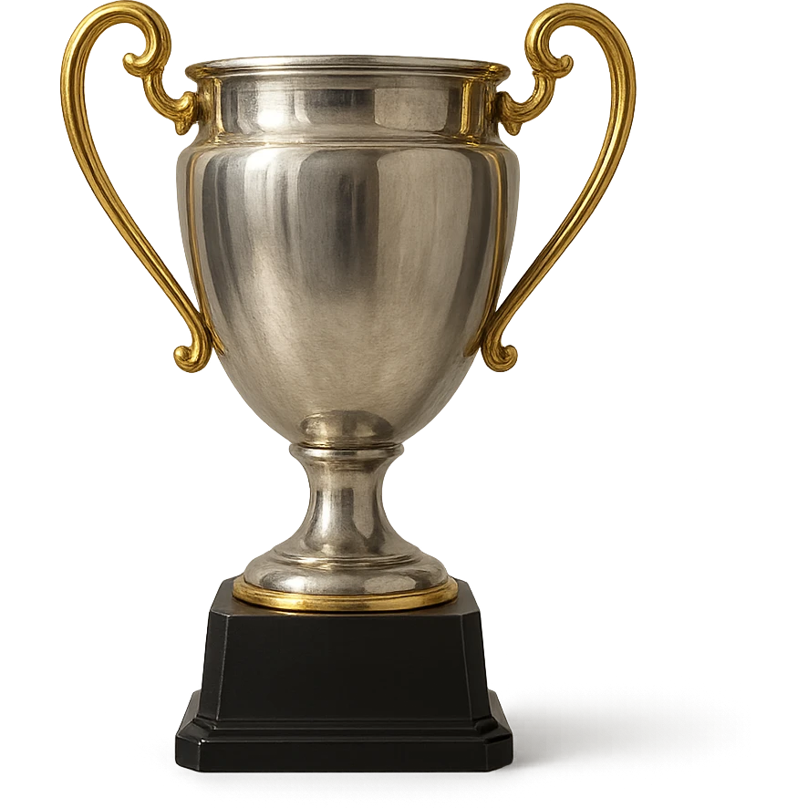a classic trophy with a silver body and gold handles, detailed and reflective, transparent background emoji