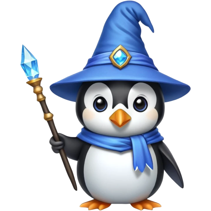 penguin wizard wearing a blue wizard hat emoji