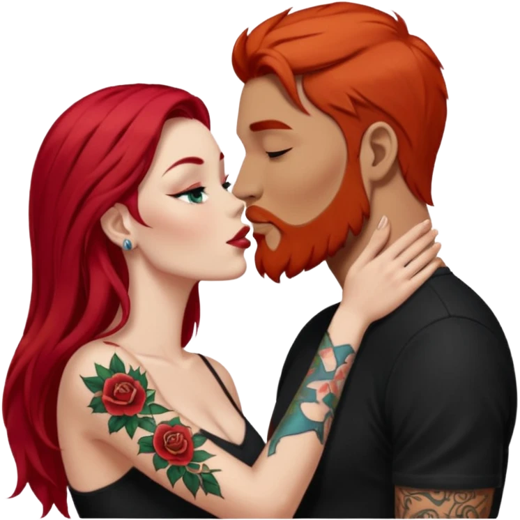 Long red hair woman with white skin kissing man with tan skin, short black hair, beard, & tattoos emoji