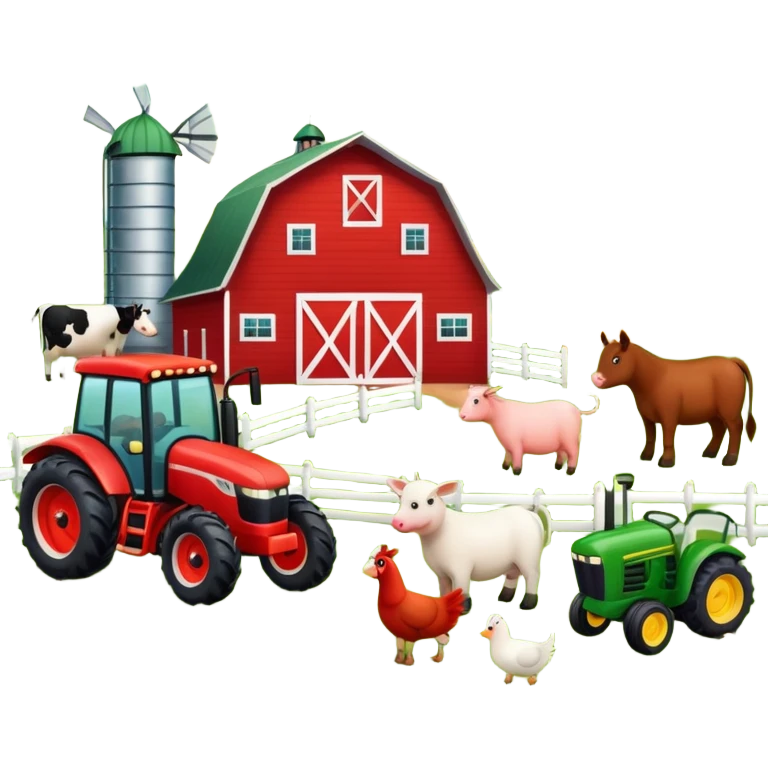 farm scene with barn, tractor, and animals emoji