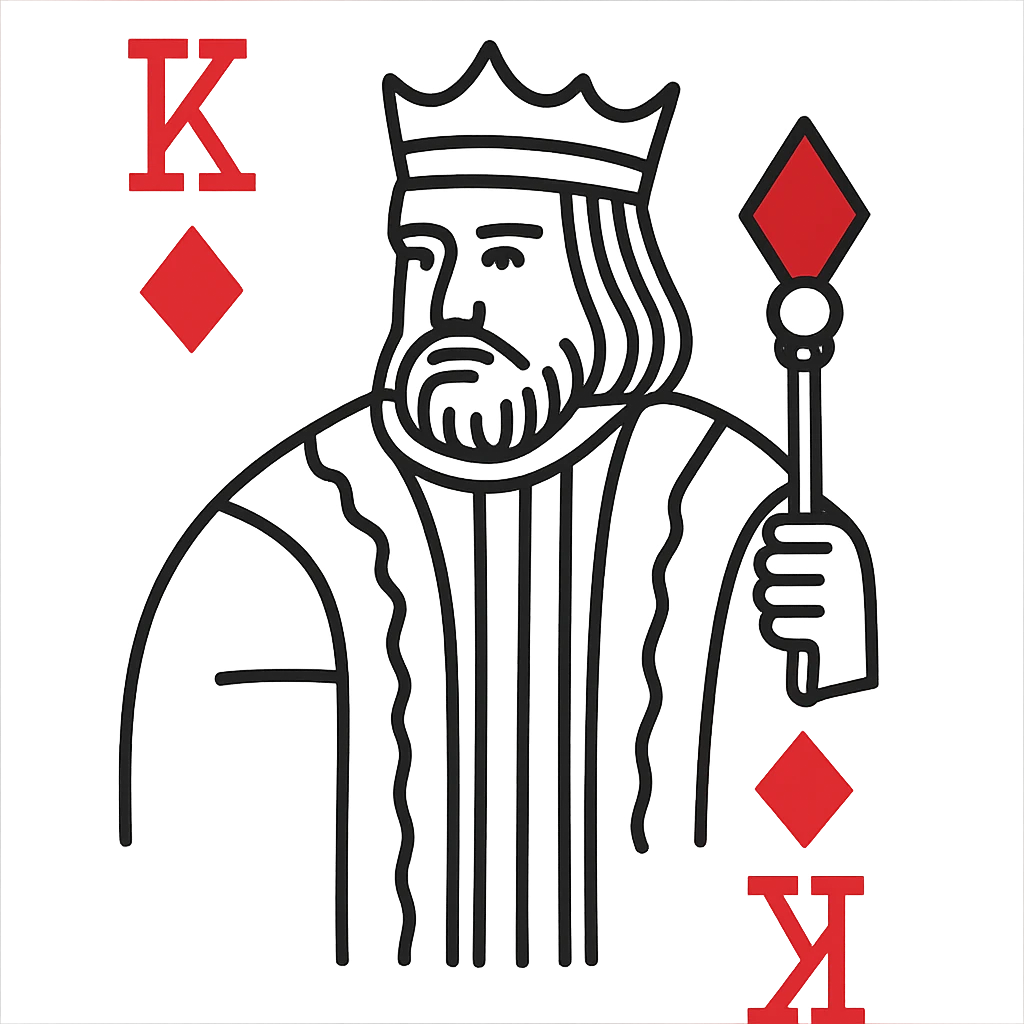 A regal king playing card character with a crown and beard, holding a scepter, in minimal line art style emoji