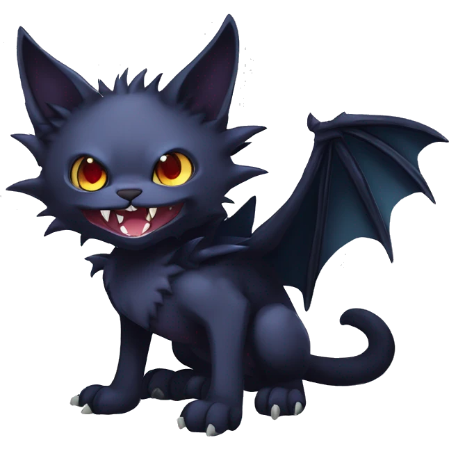   cool edgy beautiful fantasy anime-style dark animal vampiric Nargacuga-cat-hybrid Fakemon with big fangs and bat-wing-ears full body emoji