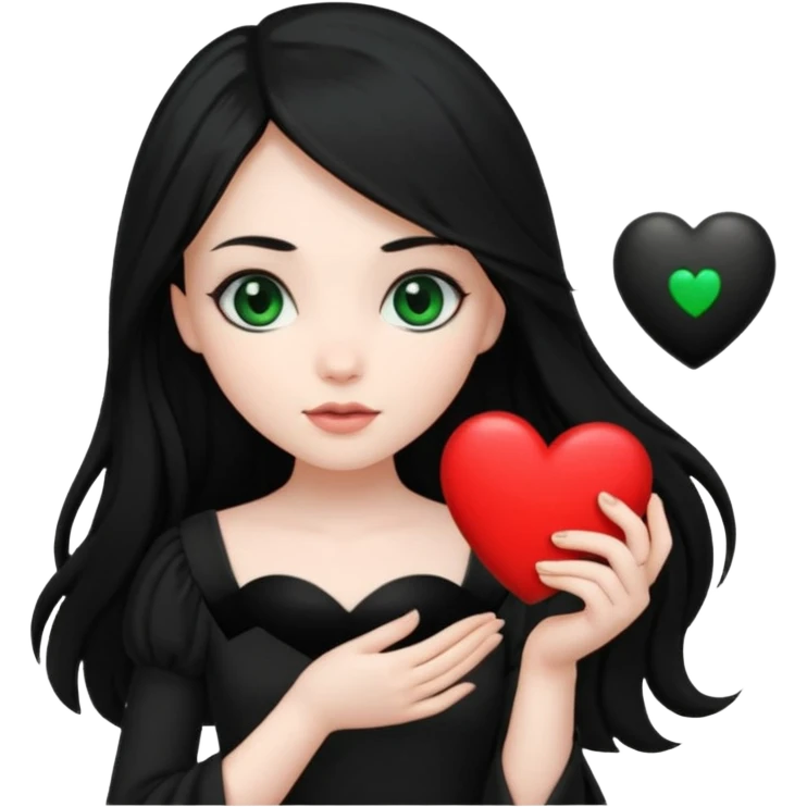 Pale girl with long black hair and dark green eyes wearing black dress and holding black heart emoji